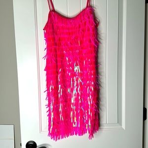 NWT Allison & Kelly Fringe Layered Sequin Mini Dress Hot Pink Juniors Sz Large